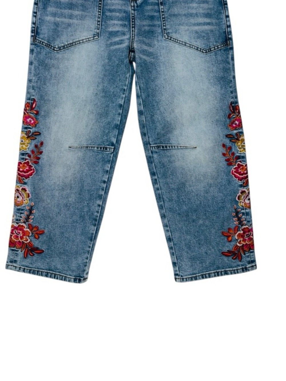 NWOT Boho Embroidery Curved Barrel Leg Cropped Horseshoe Jeans Size M FLAMINGALS - Picture 5 of 11